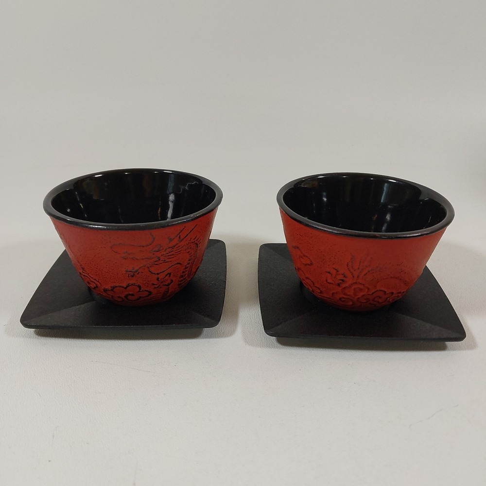 Set of 2 Teavana Dragon Cast Iron Tea Cups and Saucers Japan